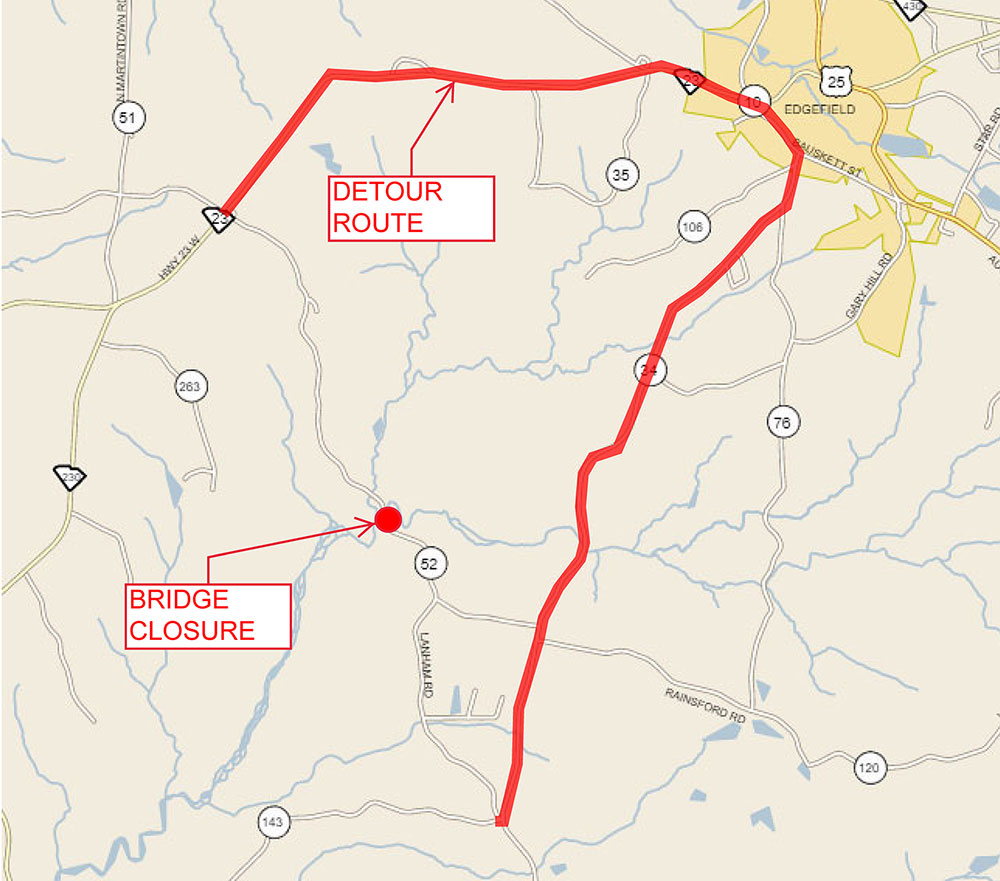 Detour map S-52 (Lanham Rd) project area